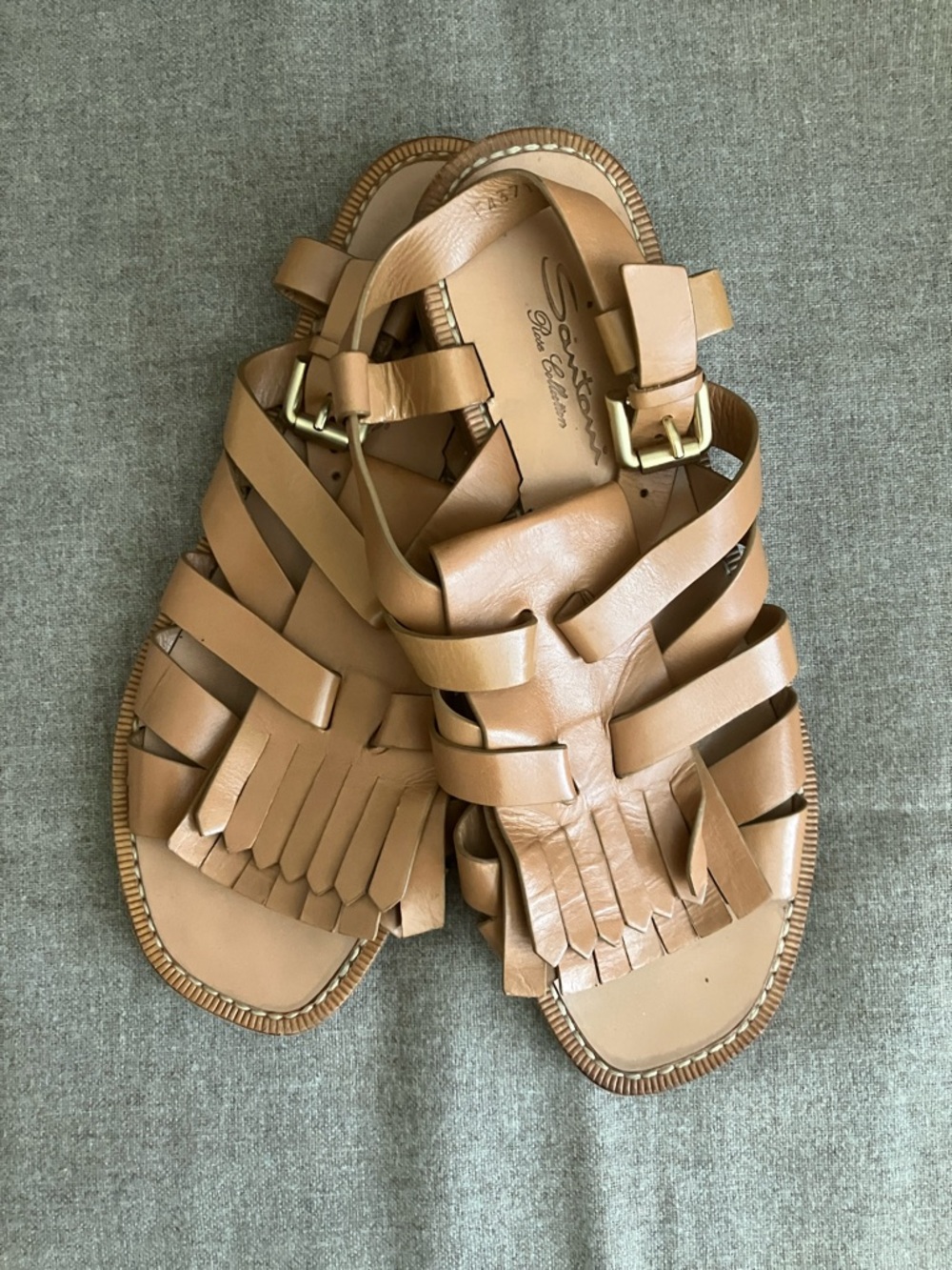 Santoni Tan Leather Fringe Strappy Sandals